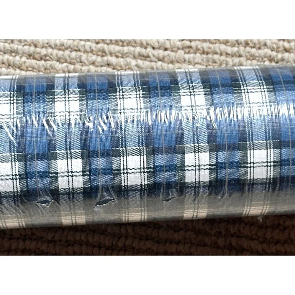 Imperial Wall paper Plaid vinyl Blue White 11 yd x 20.5 inch Union Made USA vtg